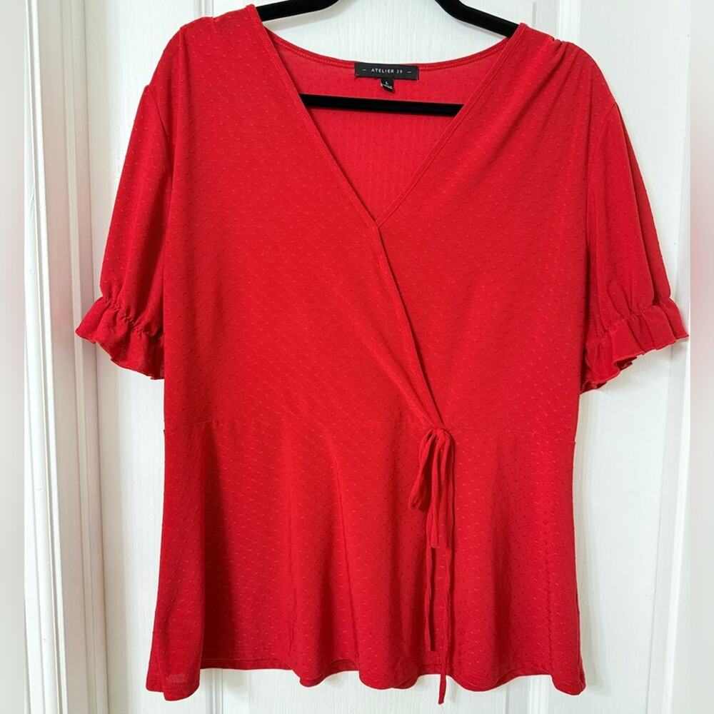 Atelier 29 red ruffle sleeve wrap peplum blouse size L